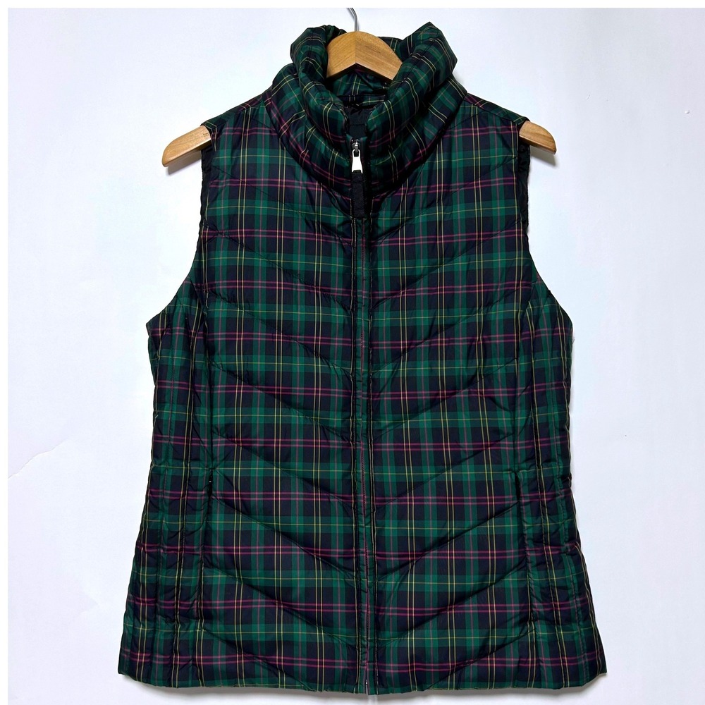 New Talbots Puffer Vest Womens M Green Plaid Down Filled Moc neck Tartan Preppy